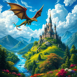 A vibrant and eye-catching poster featuring a fantasy landscape with a majestic castle atop a mountain