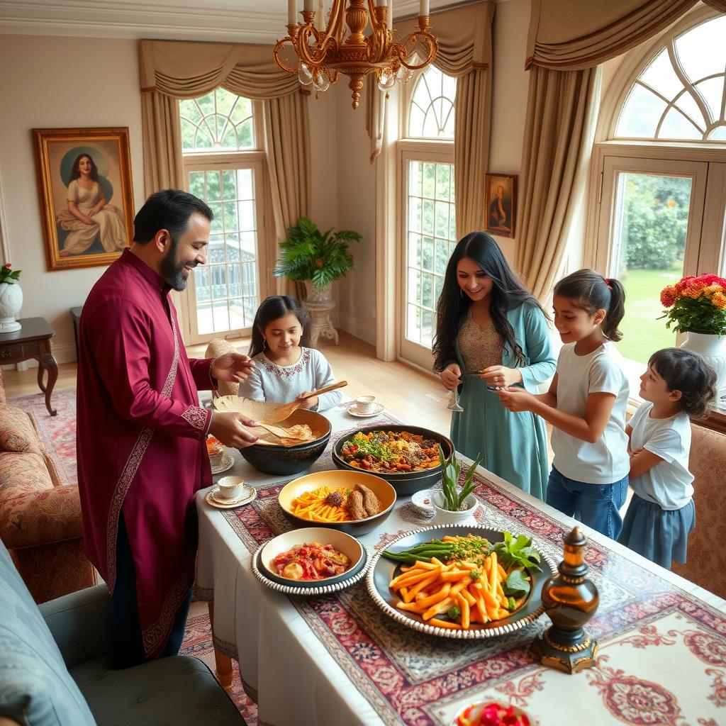 A vibrant, happy Iranian family gathered in their luxurious house, showcasing a warm and loving atmosphere