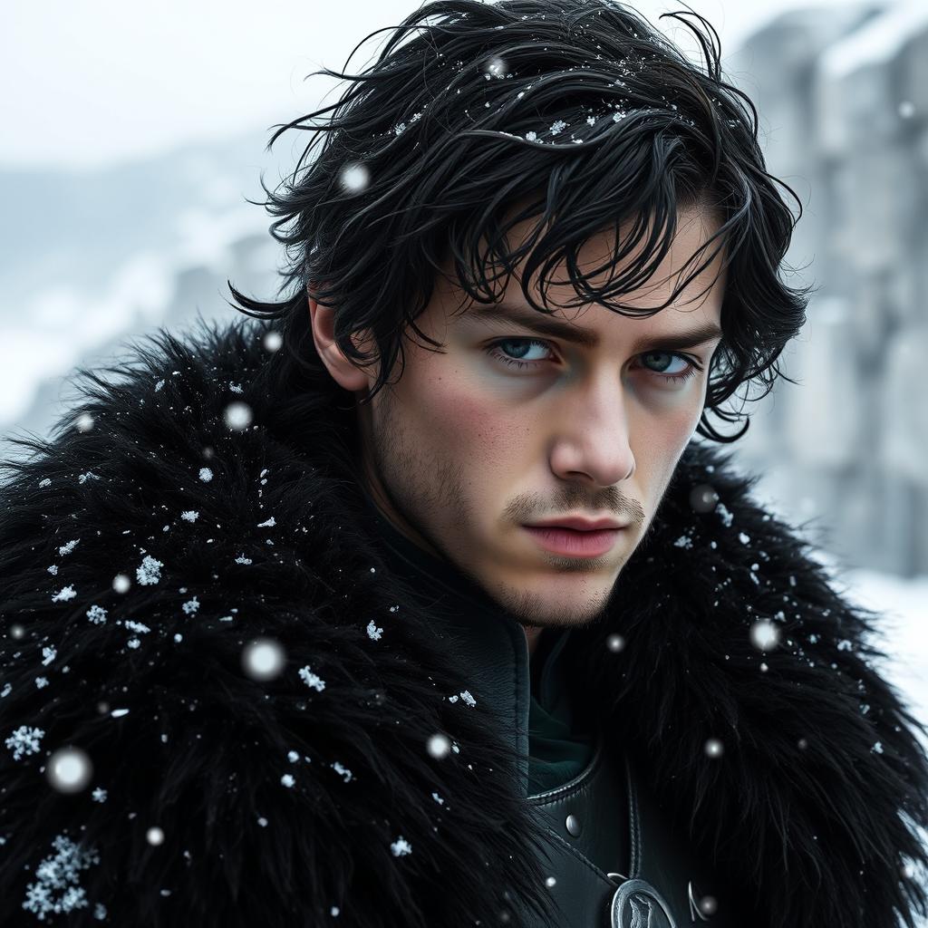 A young Jon Snow in his 20s, inspired by the books, with dark, tousled hair and a brooding expression