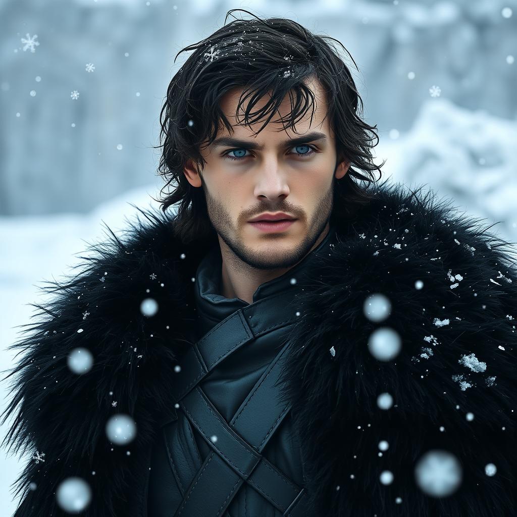 A young Jon Snow in his 20s, inspired by the books, with dark, tousled hair, a longer face, and a brooding expression