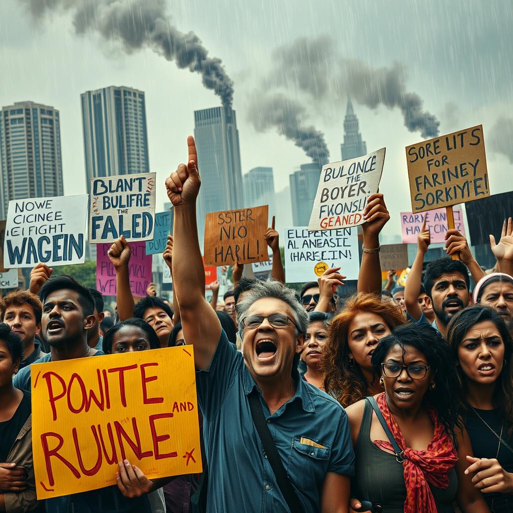 A dramatic and intense scene depicting a social conflict, featuring a diverse group of people passionately engaging in a protest