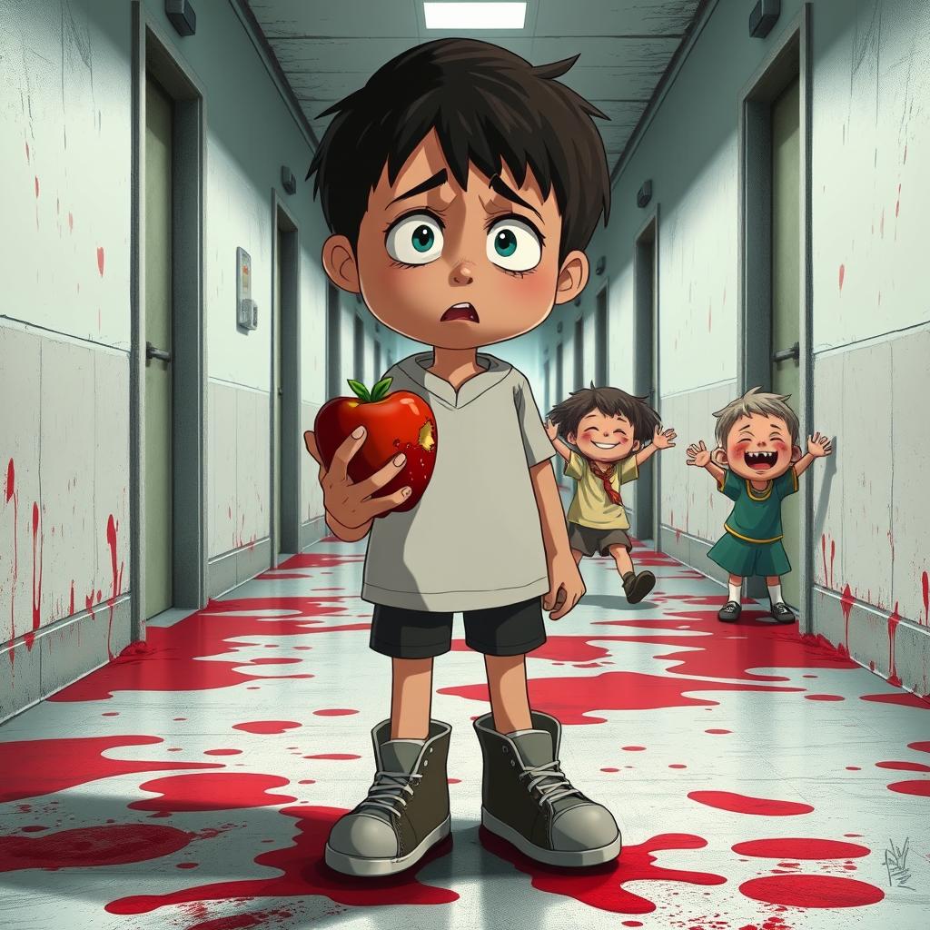 An animated depiction of a lonely boy standing in an abandoned hospital corridor