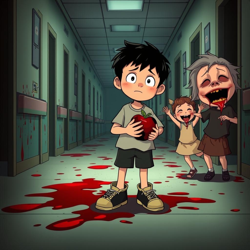An animated image of a lonely boy standing in an abandoned hospital corridor