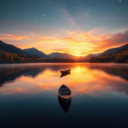 A majestic landscape featuring a breathtaking sunset over a tranquil lake, surrounded by colorful autumn trees