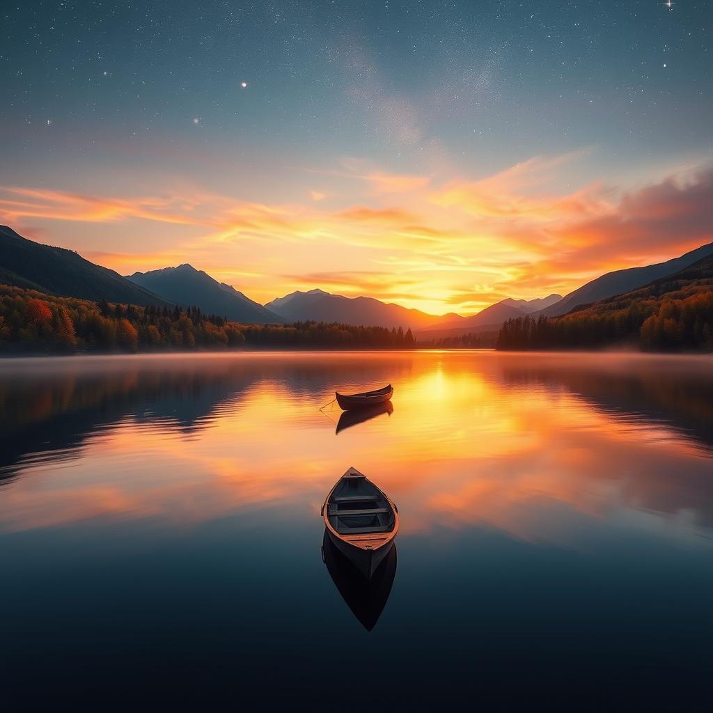 A majestic landscape featuring a breathtaking sunset over a tranquil lake, surrounded by colorful autumn trees