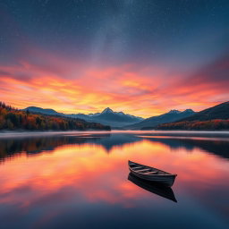 A majestic landscape featuring a breathtaking sunset over a tranquil lake, surrounded by colorful autumn trees