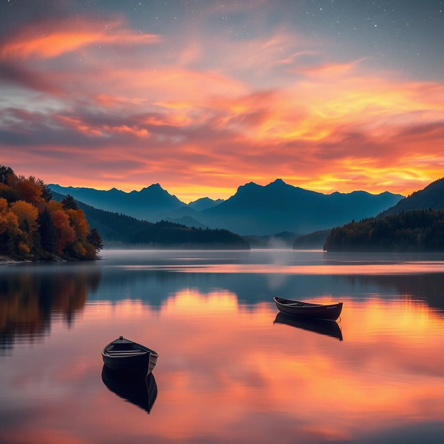 A majestic landscape featuring a breathtaking sunset over a tranquil lake, surrounded by colorful autumn trees