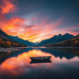 A majestic landscape featuring a breathtaking sunset over a tranquil lake, surrounded by colorful autumn trees