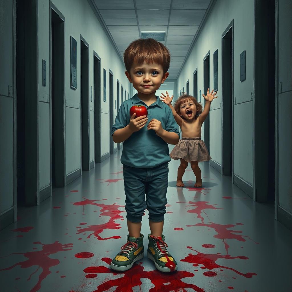 A painted image of a lonely boy standing in an abandoned hospital corridor