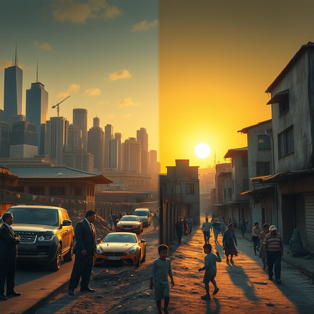 A thought-provoking visual representation of social inequality, depicting a stark contrast between wealth and poverty