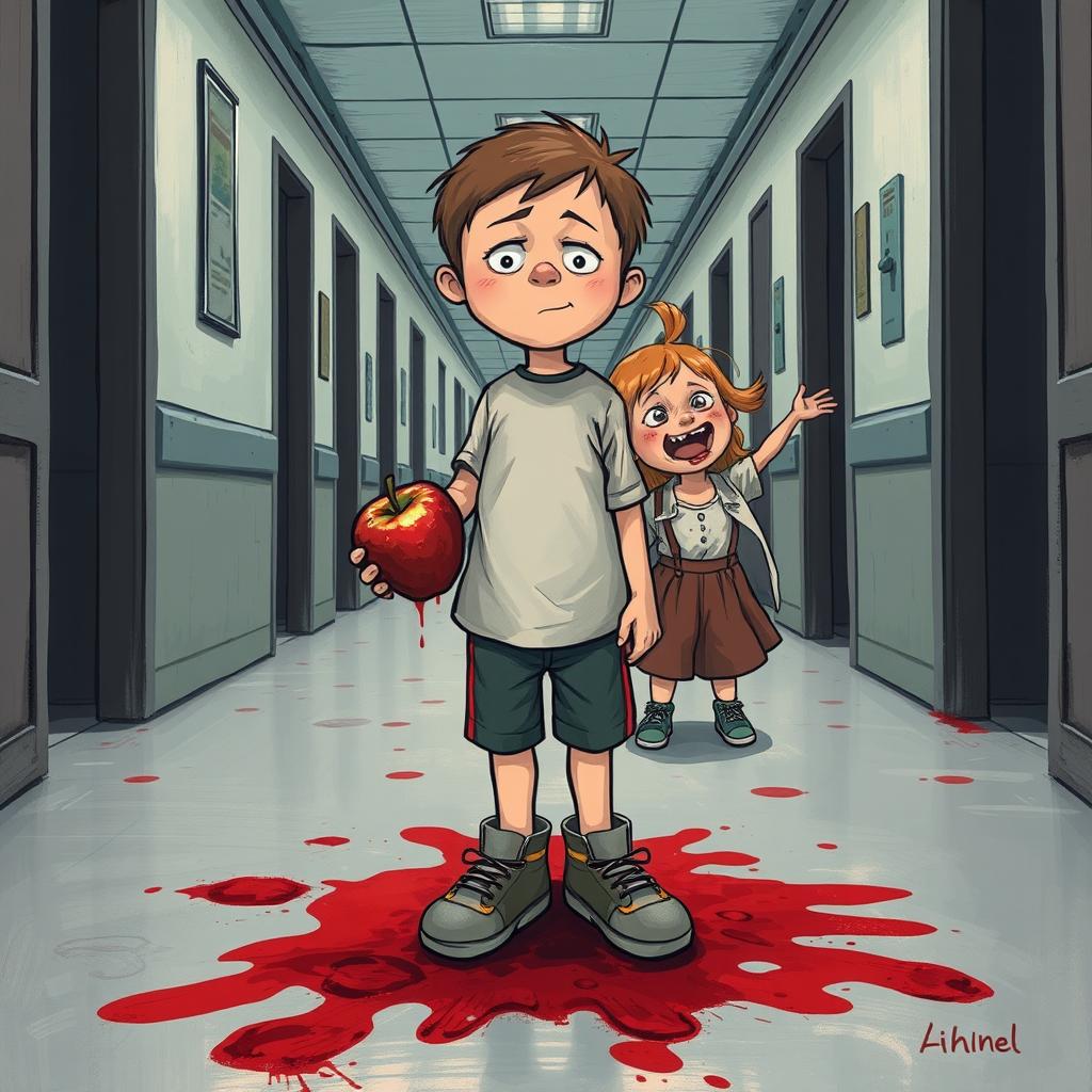 A painted image in the style of a graphic novel, featuring a lonely boy standing in an abandoned hospital corridor