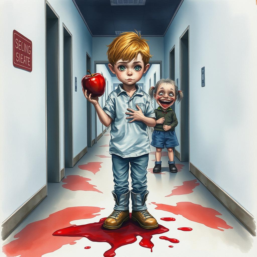 A painting in watercolor style depicting a single boy standing alone in an abandoned hospital corridor
