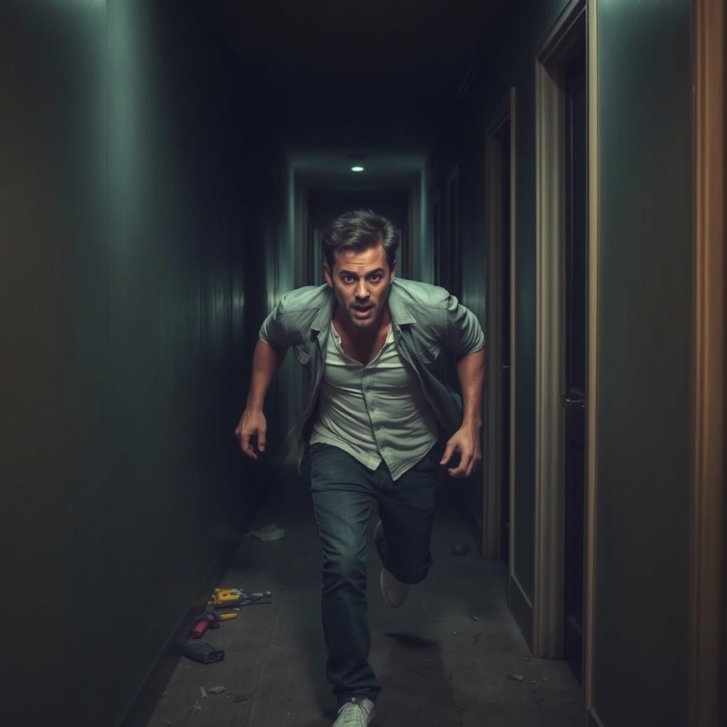 A man escaping in a hallway, depicted in a dramatic and dynamic manner