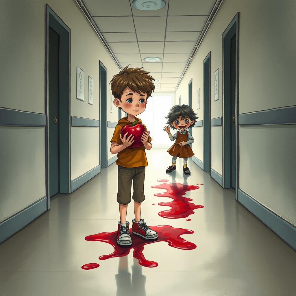 An illustration in the style of a storybook showcasing a lonely boy standing in an abandoned hospital corridor
