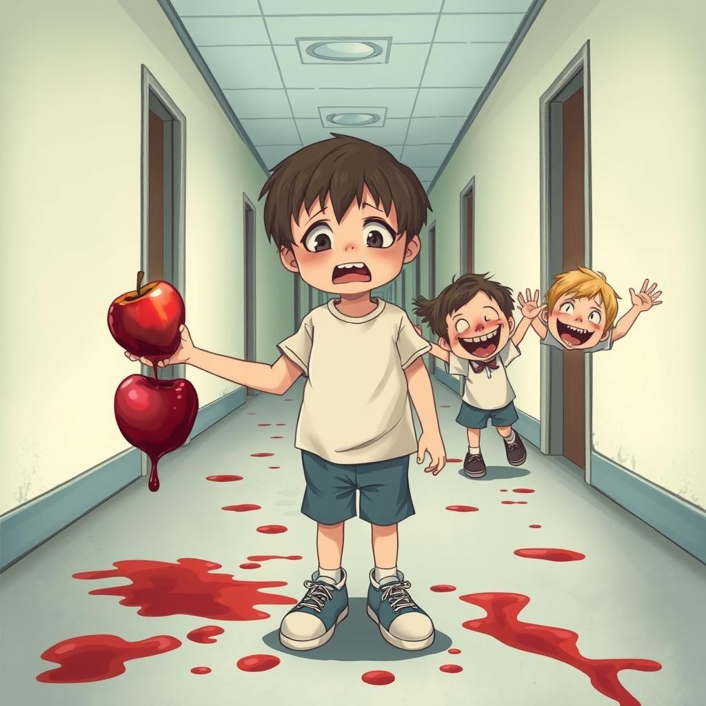 A storybook-style illustration of a young boy alone in an abandoned hospital