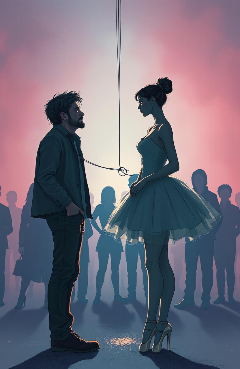 A poignant scene of detachment versus intimacy featuring a sad man and a scared ballerina woman, both looking away from each other yet bound together by delicate strings