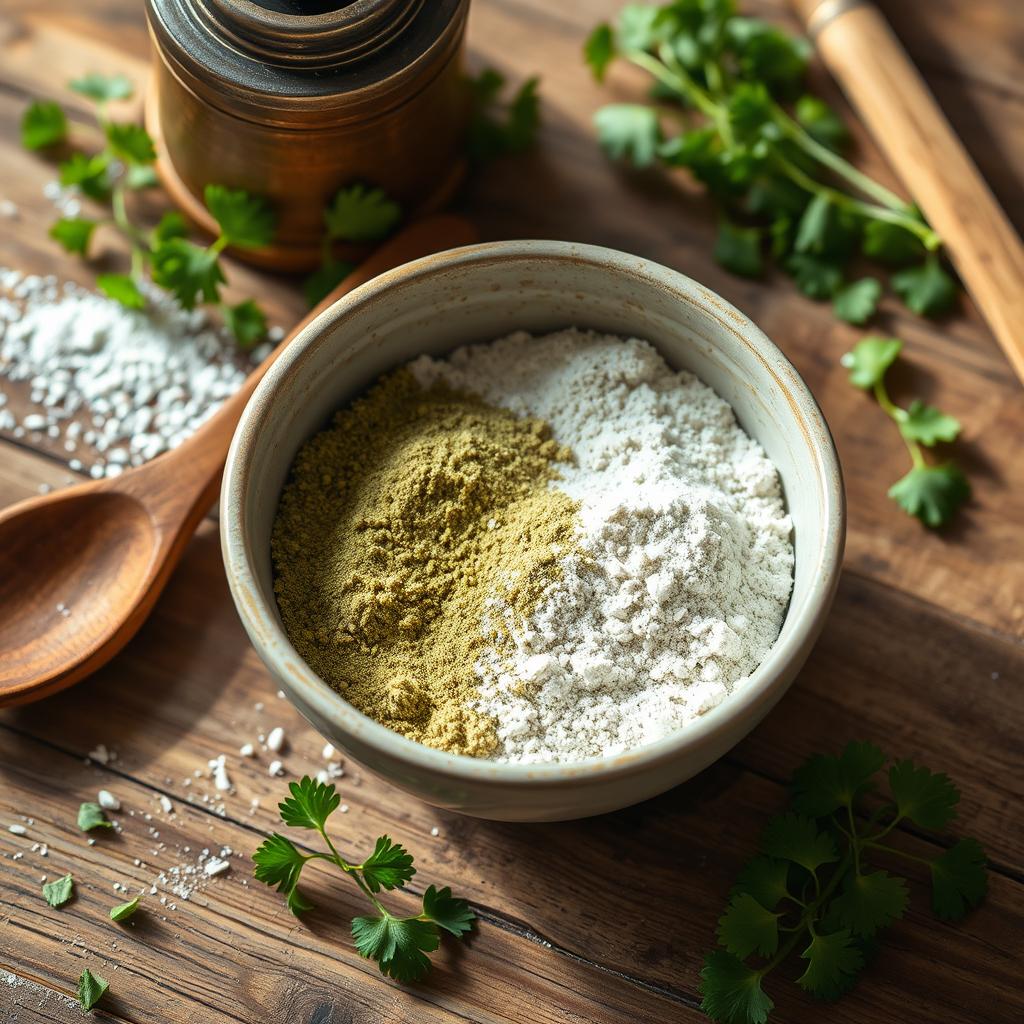 An artistic depiction of a bowl filled with onion powder and parsley powder mixed together, shown on a rustic wooden kitchen table