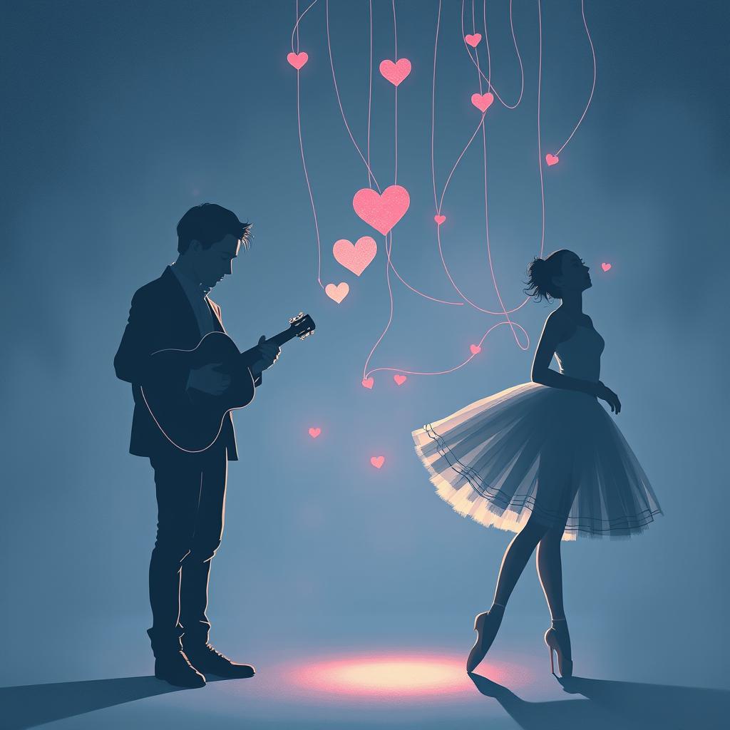 A poignant image representing detachment versus intimacy, featuring a sad man and a scared ballerina woman who are looking away from each other yet bound together by delicate threads