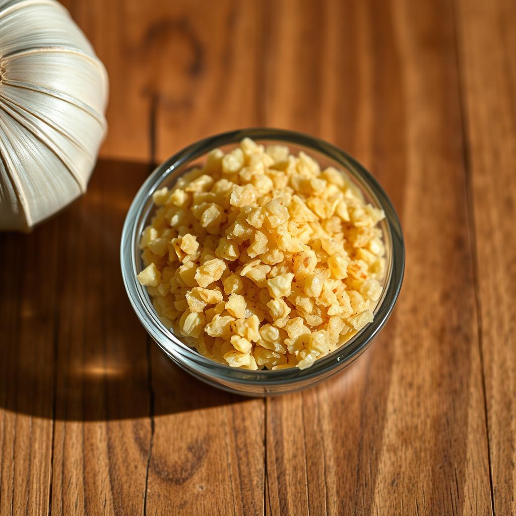A close-up image of granulated garlic with a wooden background