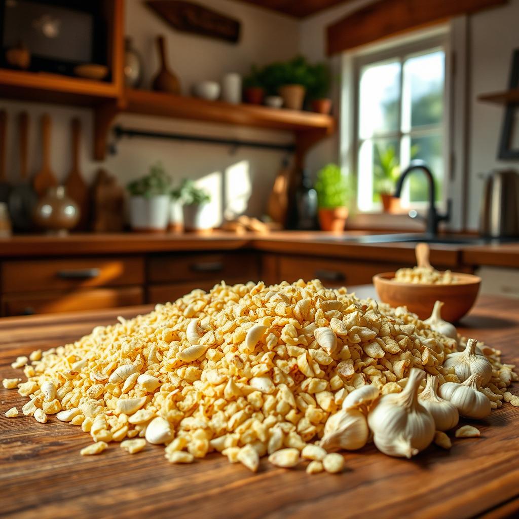 A wooden kitchen countertop filled with a variety of garlic granules in an aesthetically pleasing arrangement