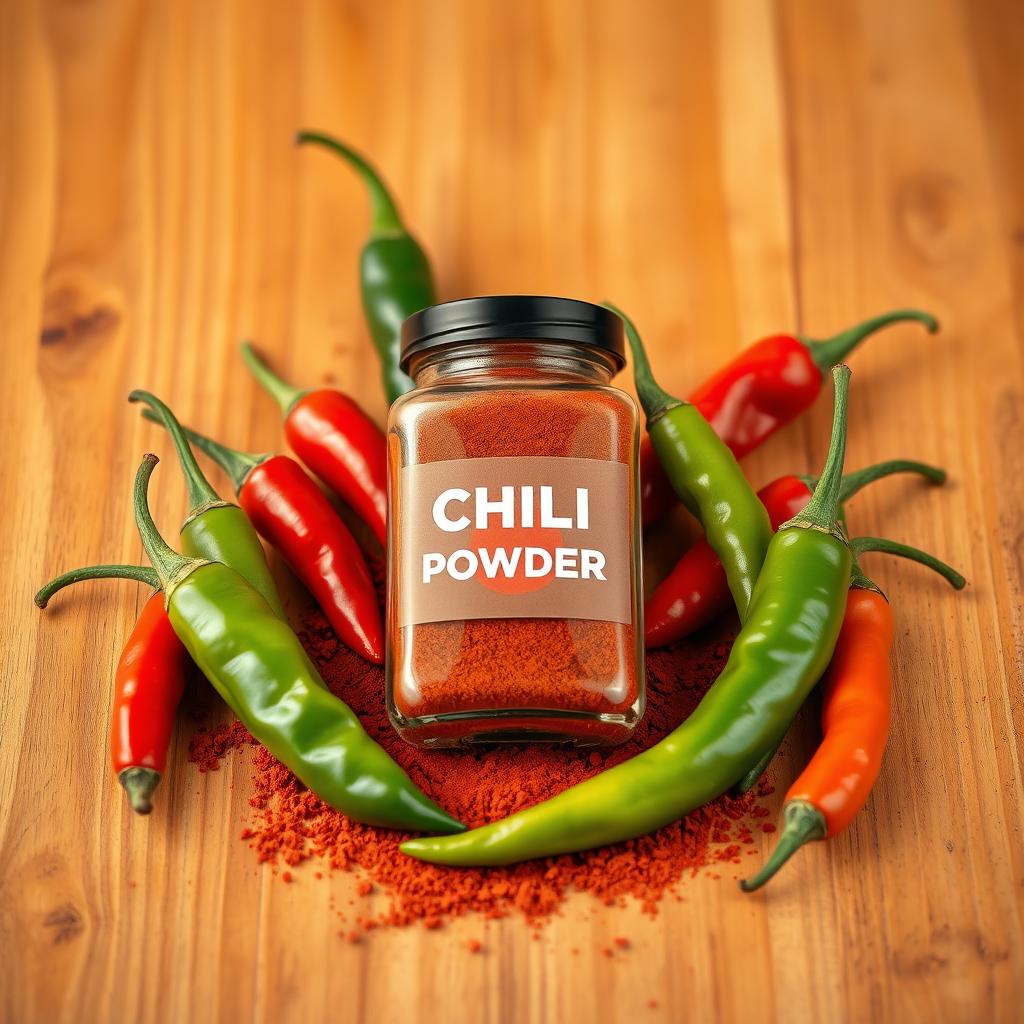 A beautifully styled product photo featuring chili powder with whole chilies creatively arranged around it