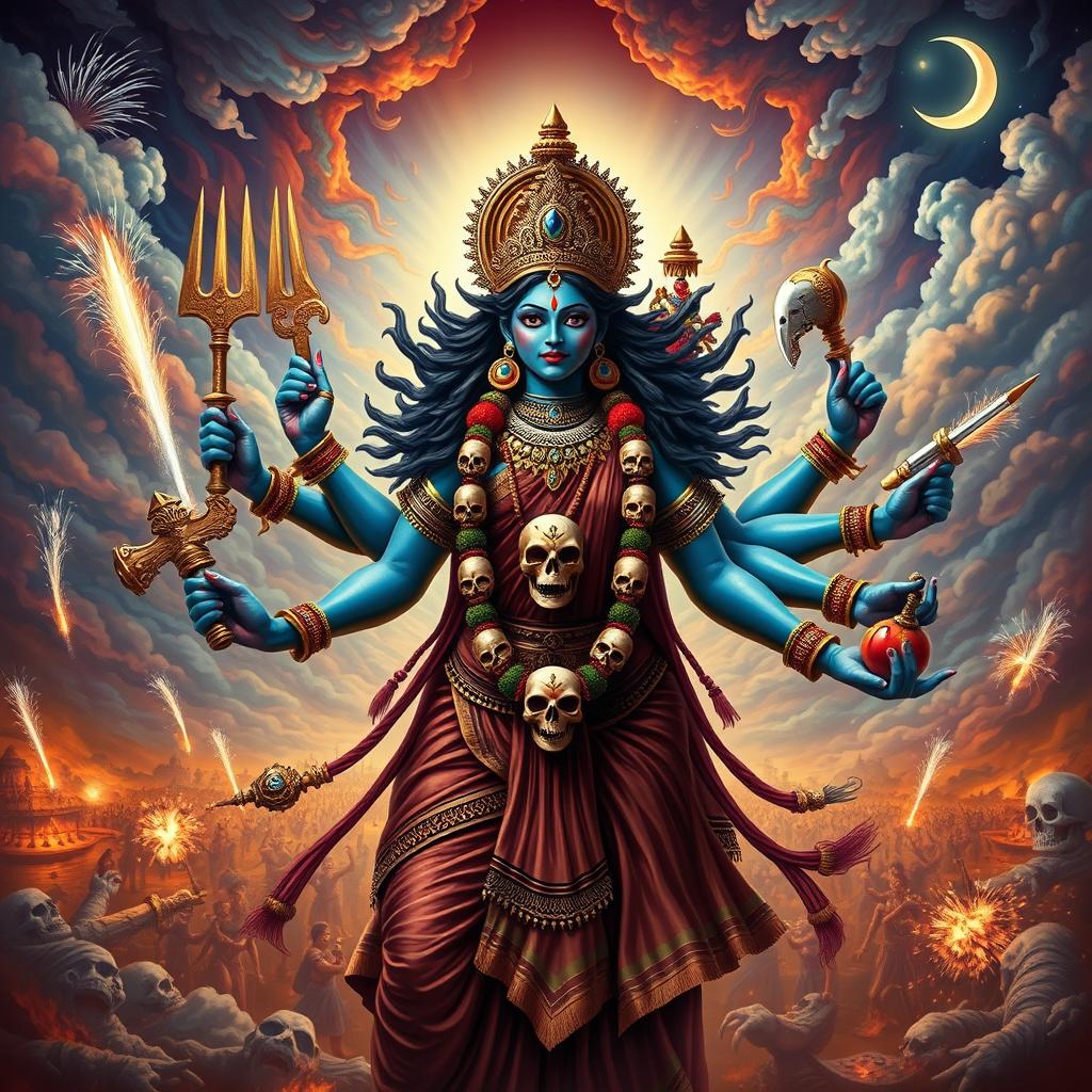 A majestic depiction of Goddess Kali, showcasing her powerful form with four arms, each holding various symbolic weapons and items