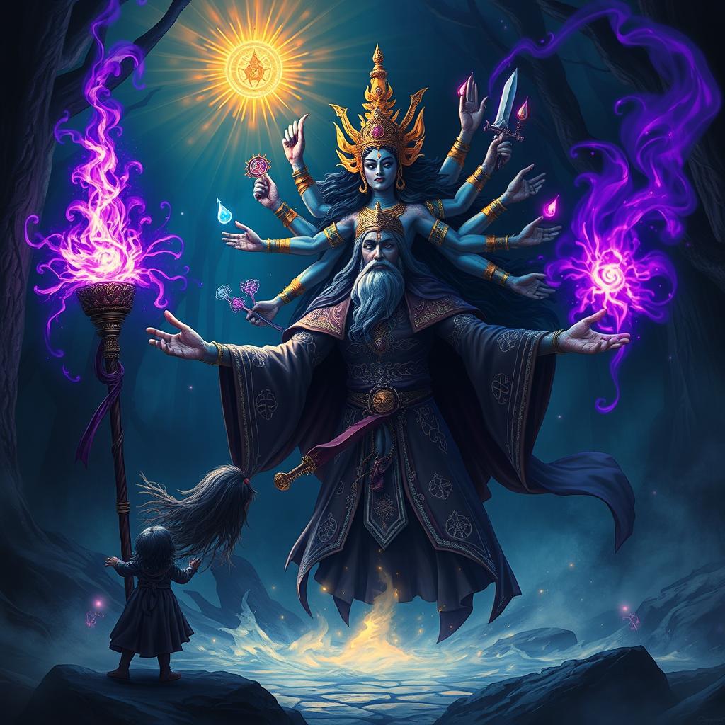 A mystical scene depicting a powerful wizard casting a spell dedicated to the DnD goddess Kali