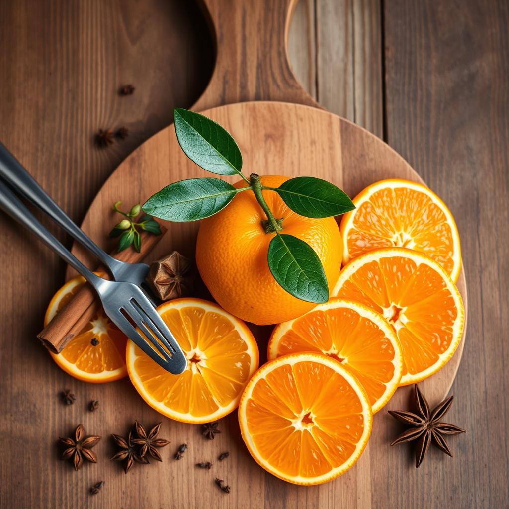 A beautifully arranged still life featuring a vibrant orange, accompanied by slices of the orange fruit