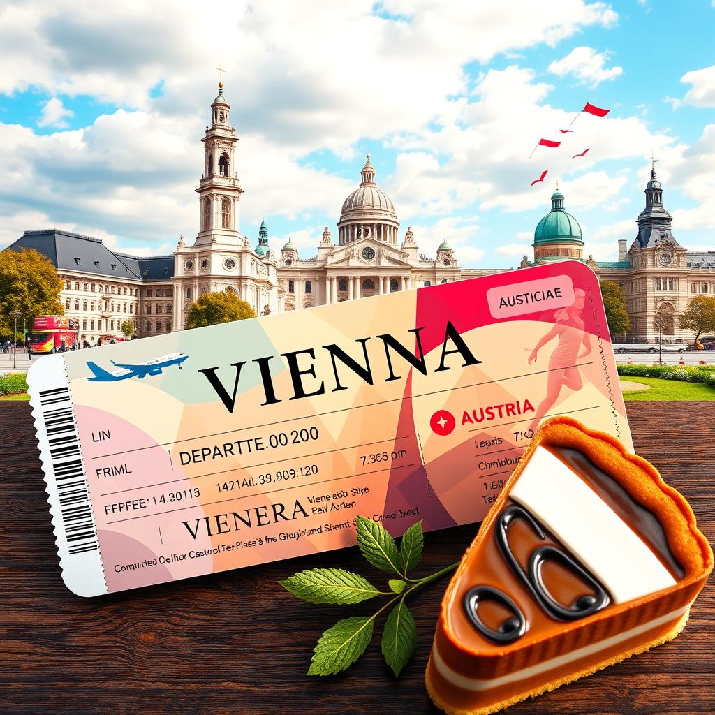 A vibrant and artistic representation of a plane ticket to Vienna, Austria, showcasing iconic Viennese landmarks like the St