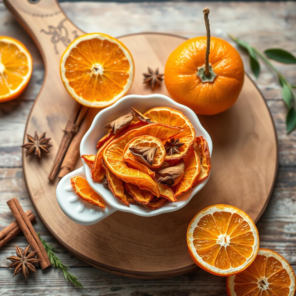 A visually appealing arrangement featuring dried orange peels placed in an elegant dish, accompanied by fresh oranges nearby