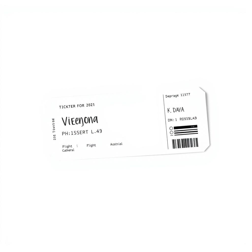 A clean and minimalistic representation of a plane ticket to Vienna, Austria, featuring essential flight details such as departure and arrival cities, flight number, and travel dates