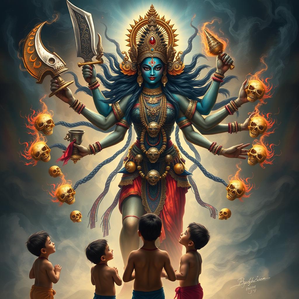 A captivating depiction of the goddess Mahakali, illustrated with her fierce and protective demeanor