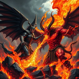 An intense and visually striking battle scene between Lucifer and Satan, set in a fiery inferno landscape filled with vivid flames and dark smoke