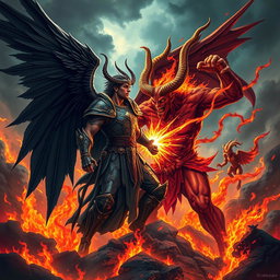 An intense and visually striking battle scene between Lucifer and Satan, set in a fiery inferno landscape filled with vivid flames and dark smoke