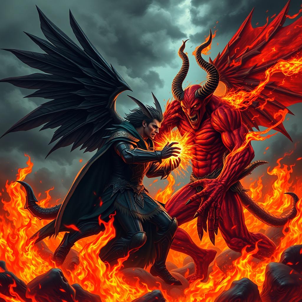 An intense and visually striking battle scene between Lucifer and Satan, set in a fiery inferno landscape filled with vivid flames and dark smoke
