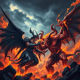 An intense and visually striking battle scene between Lucifer and Satan, set in a fiery inferno landscape filled with vivid flames and dark smoke