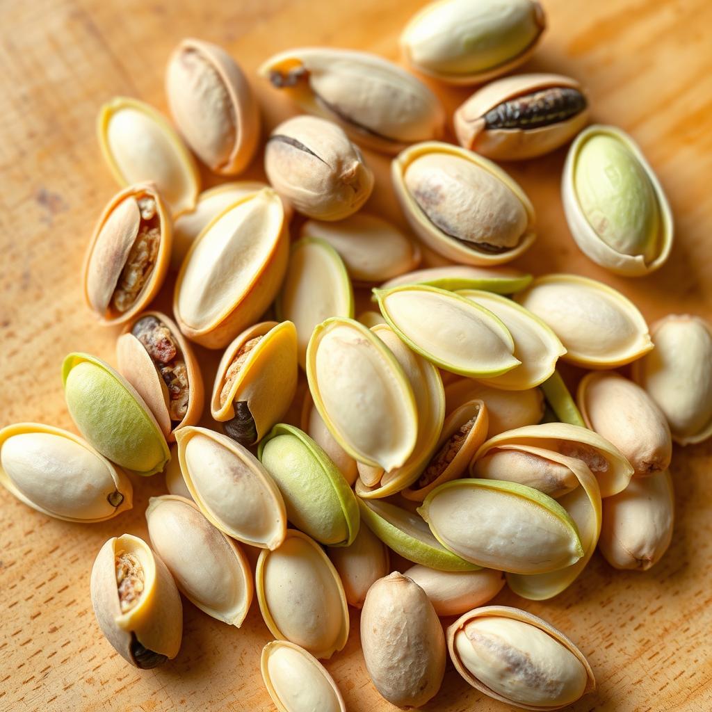 A beautifully arranged composition featuring perfectly sliced pistachio nuts, displayed neatly as pistachio slivers, with some whole pistachios scattered nearby