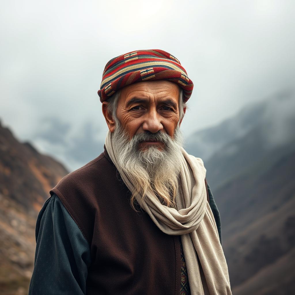 An elderly man from the Hawraman region in Kurdistan standing in a foggy landscape