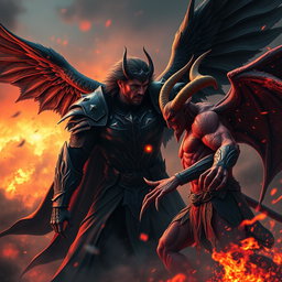 An epic confrontation between Lucifer and El Diablo, set in a visually striking hellscape filled with flames and dark shadows