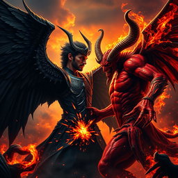 An epic confrontation between Lucifer and El Diablo, set in a visually striking hellscape filled with flames and dark shadows