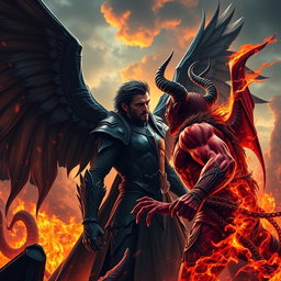 An epic confrontation between Lucifer and El Diablo, set in a visually striking hellscape filled with flames and dark shadows