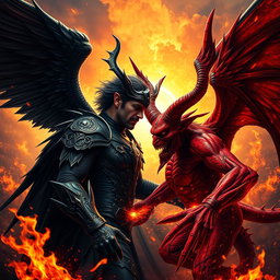 An epic confrontation between Lucifer and El Diablo, set in a visually striking hellscape filled with flames and dark shadows