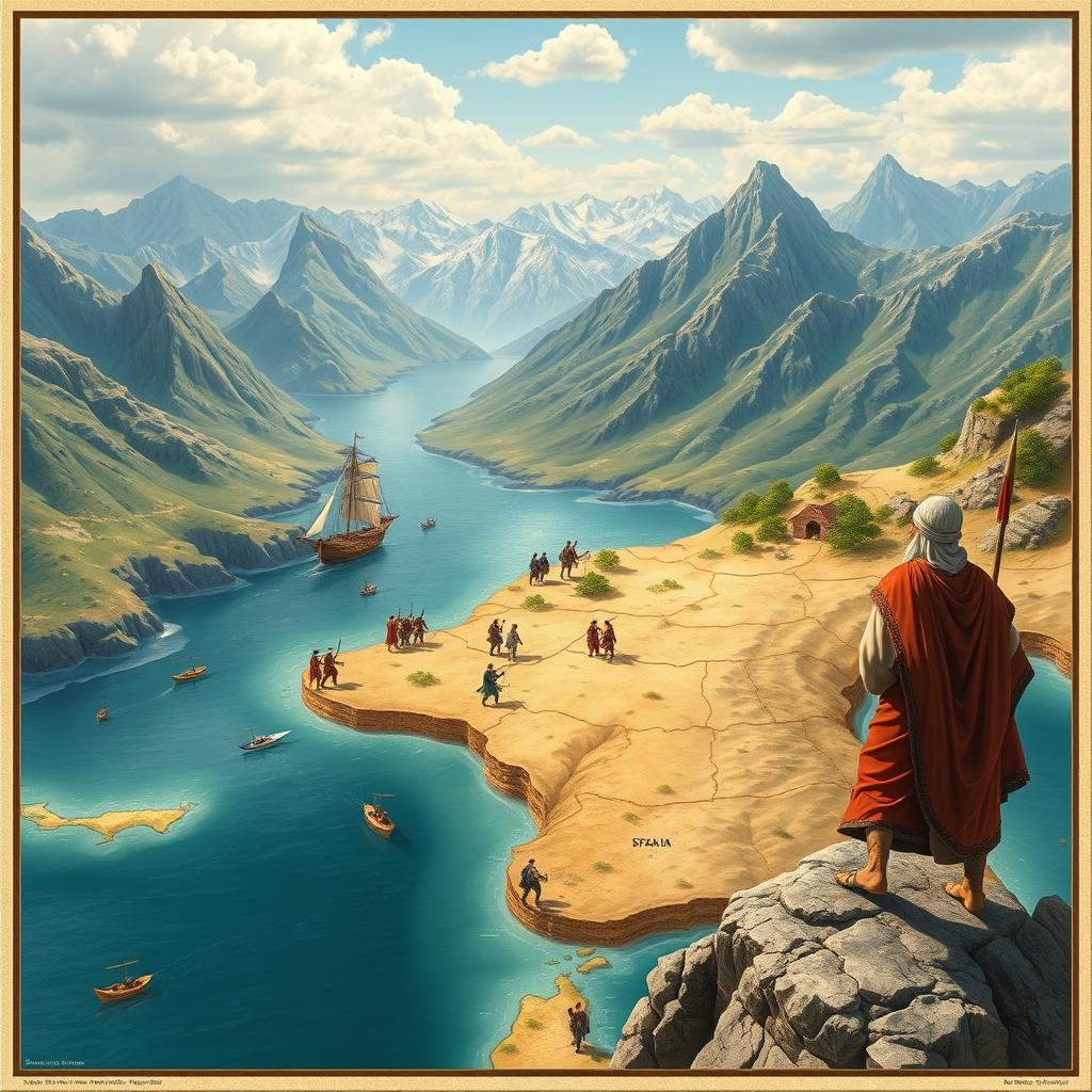 A detailed historical scene depicting the early Islamic conquest of the Iberian Peninsula, focusing on Musa ibn Nusayr as he plans the expansion of Islam in Europe