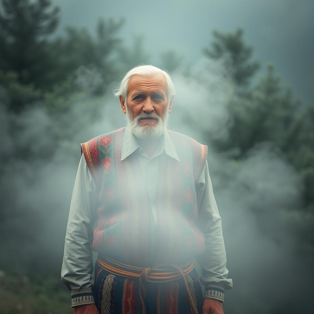 An old man from Howraman in Kurdistan standing in a thick, mystical fog