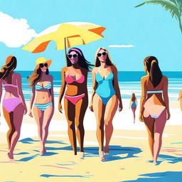 This is a high-quality digital art image showcasing women in bikinis