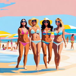 This is a high-quality digital art image showcasing women in bikinis