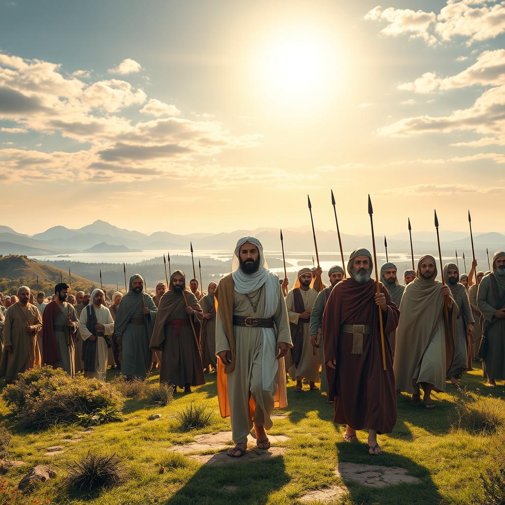 A historical scene depicting the early conquest of Al-Andalus by Musa ibn Nusayr, showcasing the lush landscapes of the Iberian Peninsula around 711 AD