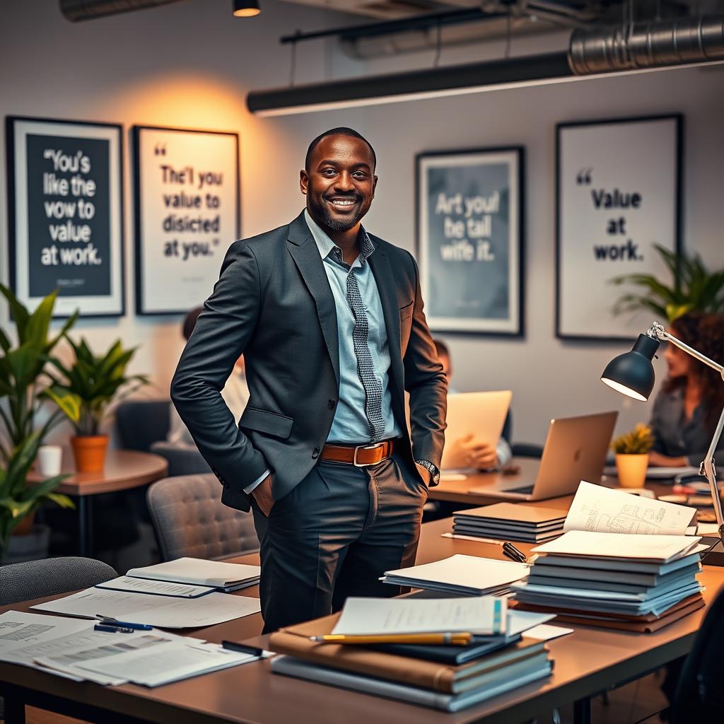 An inspiring office setting with a confident professional, showcasing their unique skills and deep understanding of their work