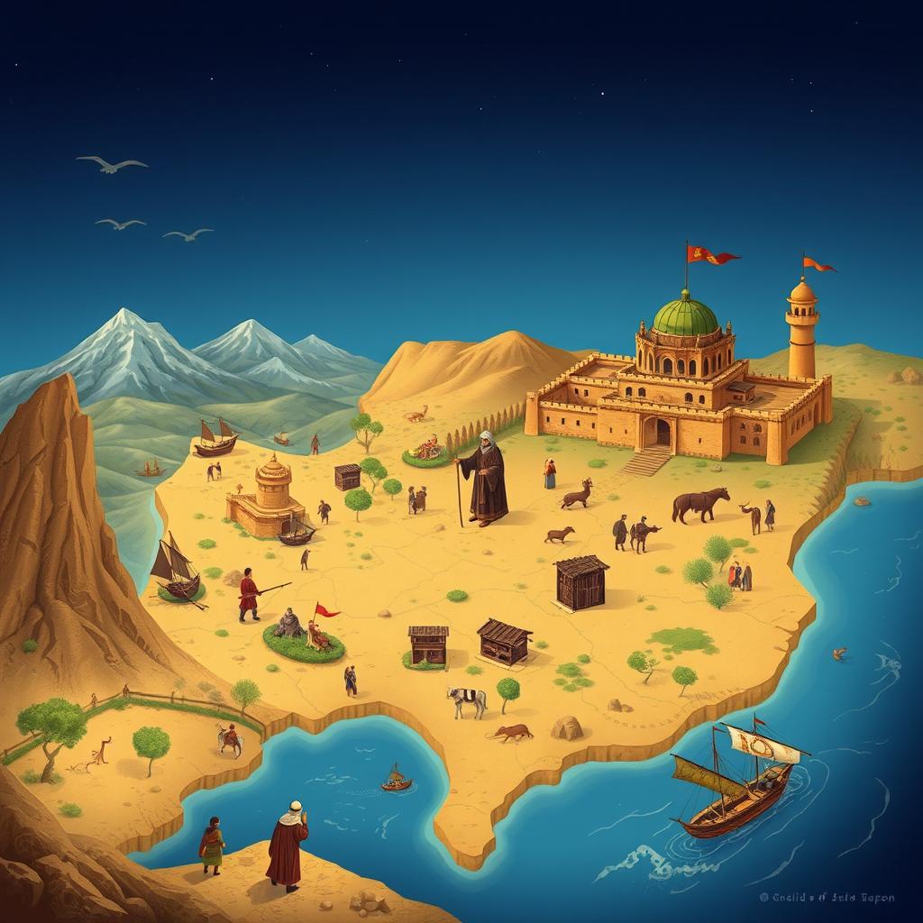 A historical illustration depicting the early Islamic conquests in the Iberian Peninsula, focusing on Musa ibn Nusayr, the Arab general preparing to invade and spread Islam in Europe