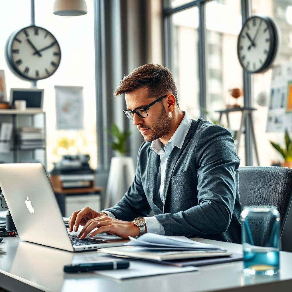 A focused and determined employee in a modern office setting, surrounded by various tools of his trade